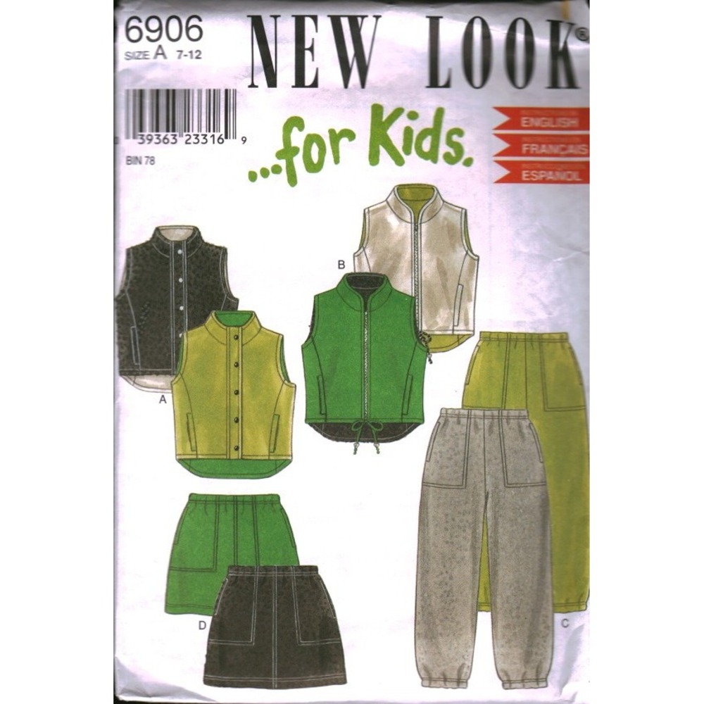 New Look 6906‎ Kids Sewing Pattern Vest Pants Skirt Sizes 7-12 cut